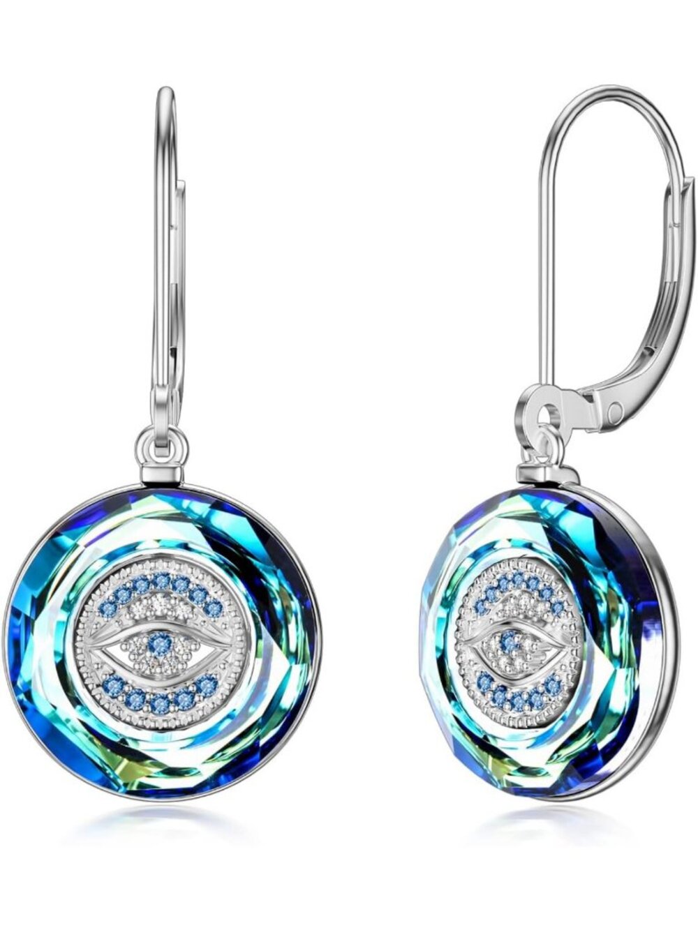 Sterling Silver Evil Eye Leverback Earrings with Crystal - Good Luck Protection